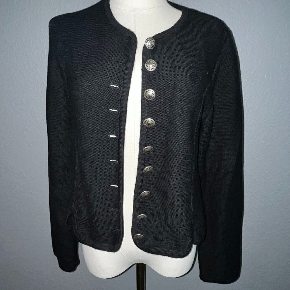 VINTAGE EUROPEAN Black Cardigan Sweater with Silver Decorative Buttons  No Label